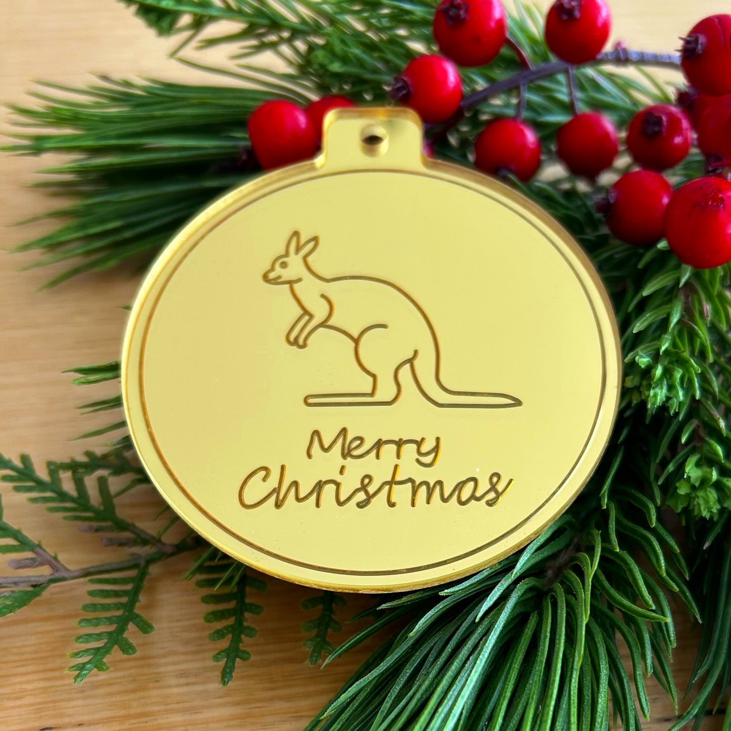 Australian kangaroo theme gold Christmas bauble 