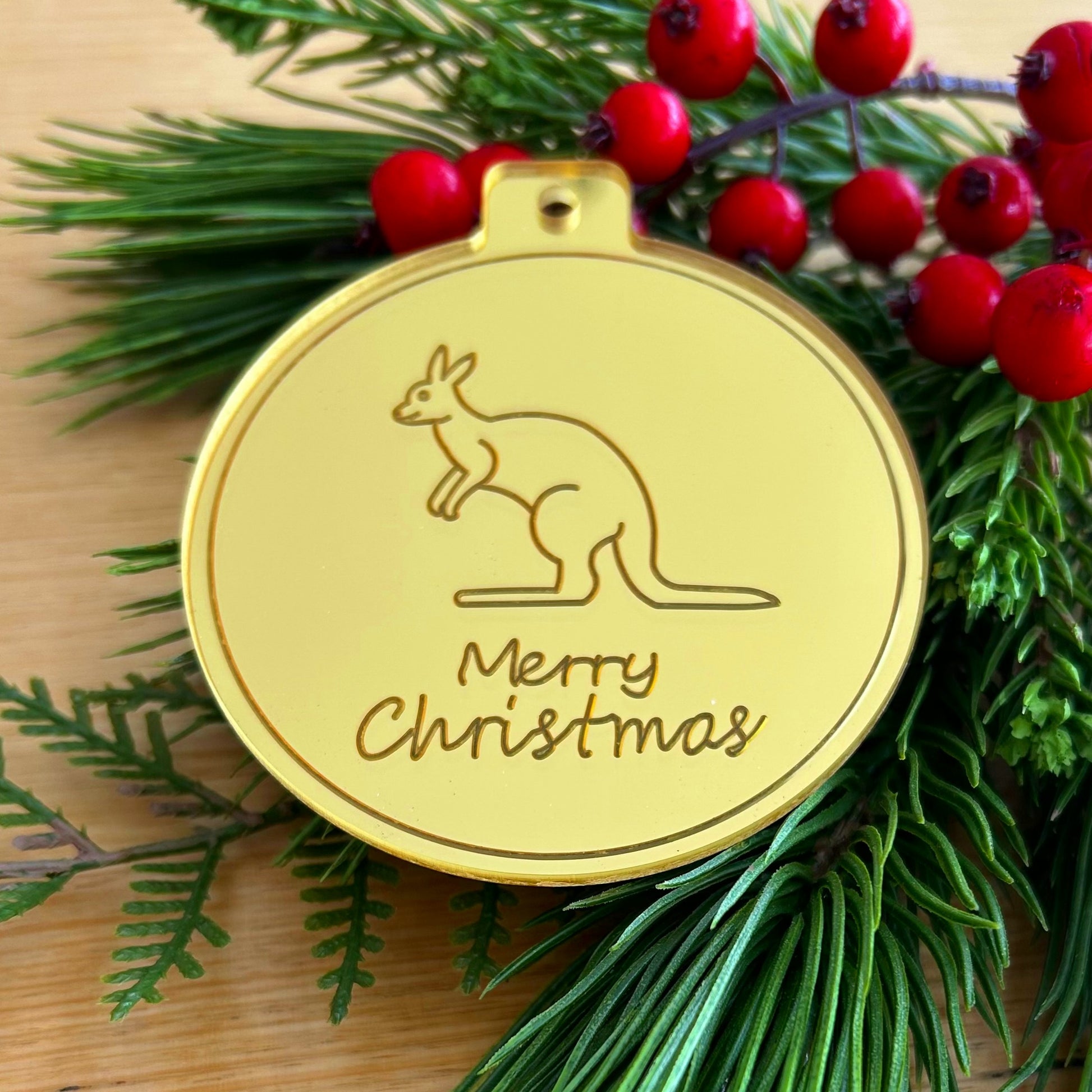 Australian kangaroo theme gold Christmas bauble 